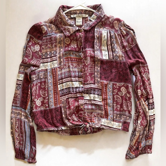 AMERICAN RAG Womens Red Printed Long Sleeve Collared Button Up Top Large - Picture 4 of 8